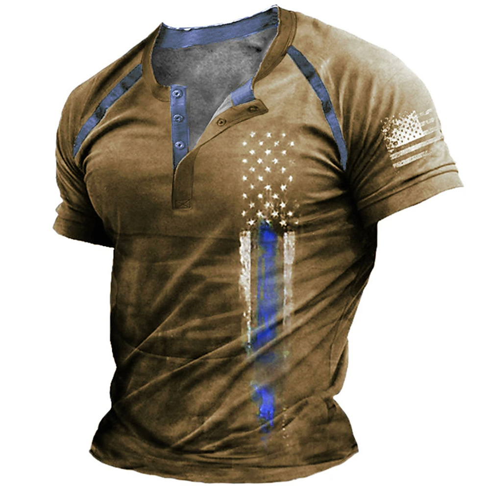 3D Printing Services - เสื้อเชิ้ตเฮนรี่พิมพ์ลายธงชาติอเมริกัน 3 มิติ สไตล์ตลกๆ สำหรับผู้ชาย แฟชั่นคอเฮนรี่