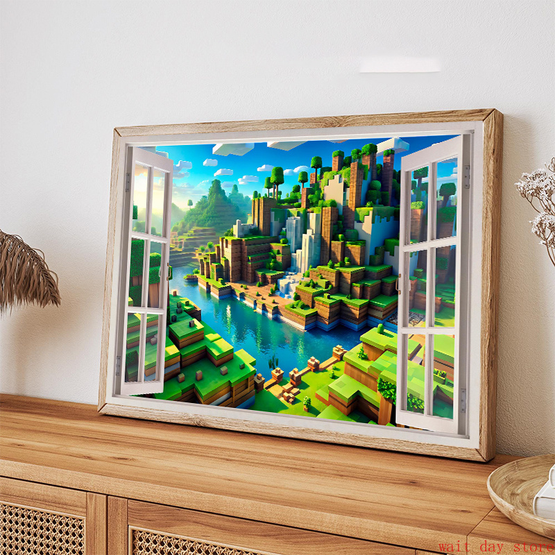 3D Printing Videos - บล็อกพิกเซลวิดีโอเกมภูมิทัศน์ 3 มิติ ภาพพิมพ์บนผ้าใบสำหรับตกแต่งห้องนั่งเล่น ของตกแต่งบ้านสำหรับคนรักเกม